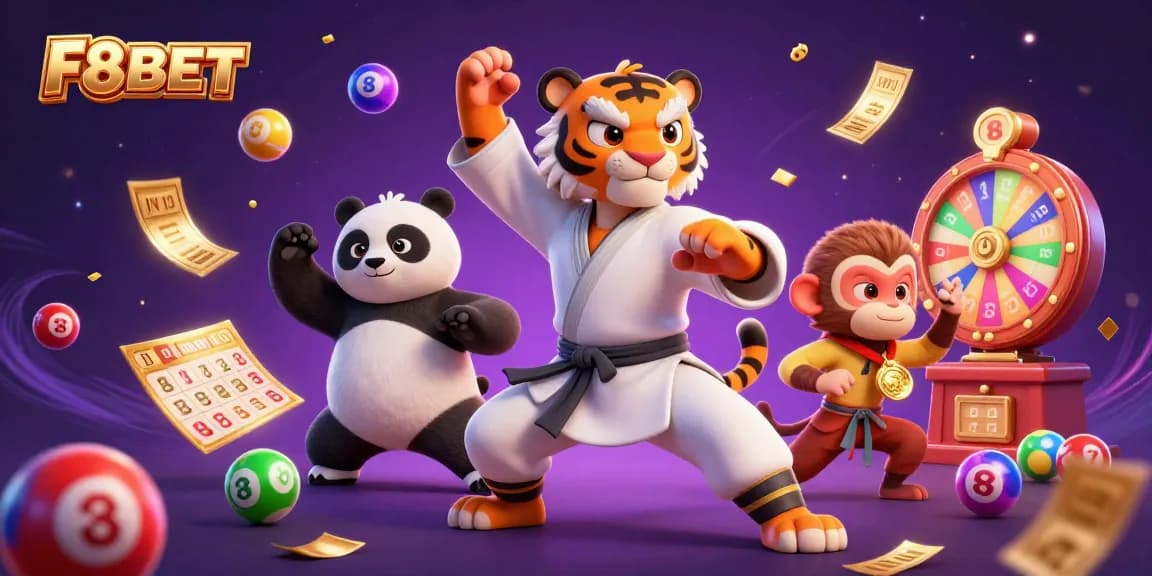 Experience F8BET's dynamic gaming world with vibrant lottery elements and engaging characters.