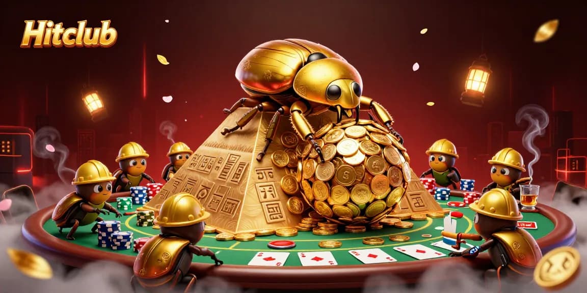 Engage with Hitclub's vibrant casino scene featuring golden beetles and immersive gaming elements.