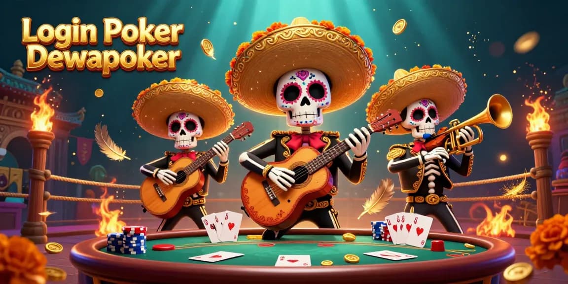 Join the action with Login Poker Dewapoker at this vibrant 3D casino scene featuring mariachi skeletons.