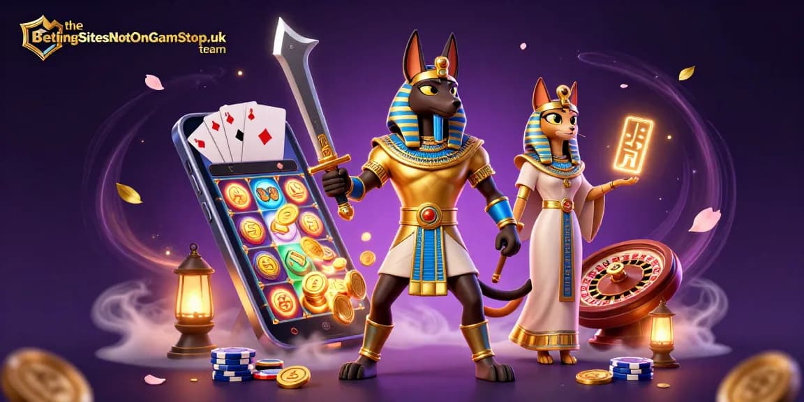 Experience thrilling gaming with the BettingSitesNotOnGamStop.uk team featuring Anubis and Bastet at a crypto casino.