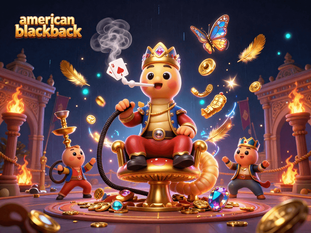 View the american-blackjack scene with a caterpillar hookah-master, illustrated poker symbols, and vibrant casino elements.