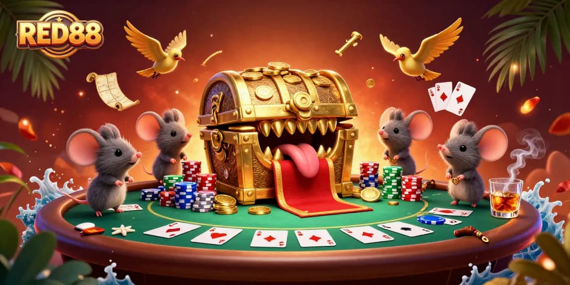 Experience RED88's thrilling casino adventure with vibrant 3D treasure characters and poker elements.