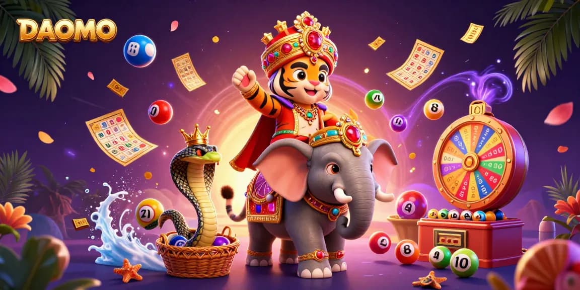 Experience thrilling gaming at DAOMO with a vibrant illustration of a jewel-encrusted elephant and dynamic casino elements.