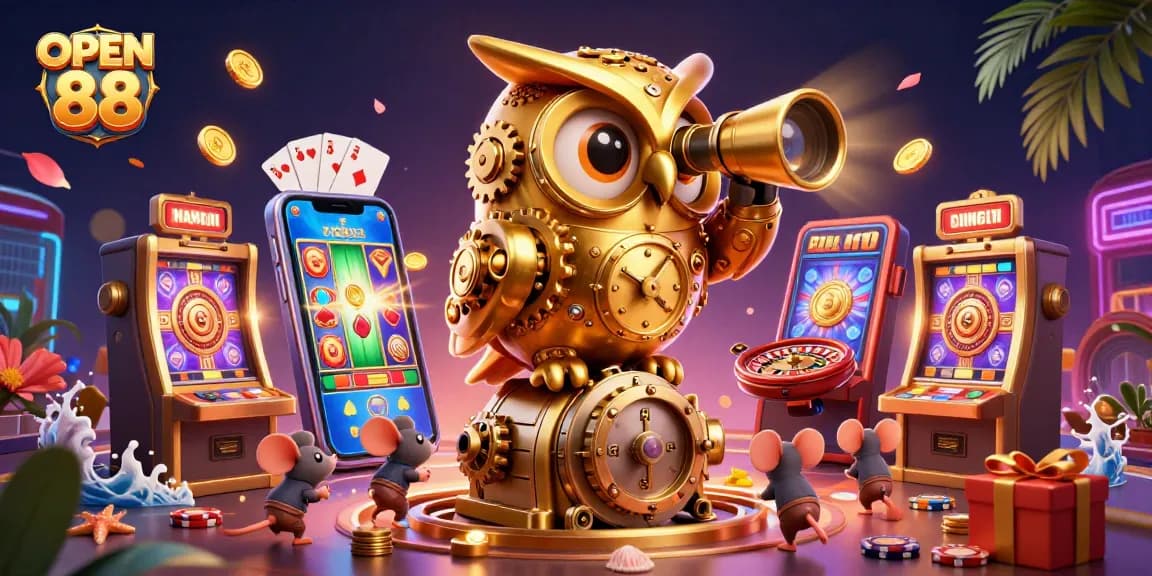 PLAY and WIN with OPEN 88 at a vibrant cartoon casino featuring a golden owl and cheerful mouse patrons, rich with gaming elements.