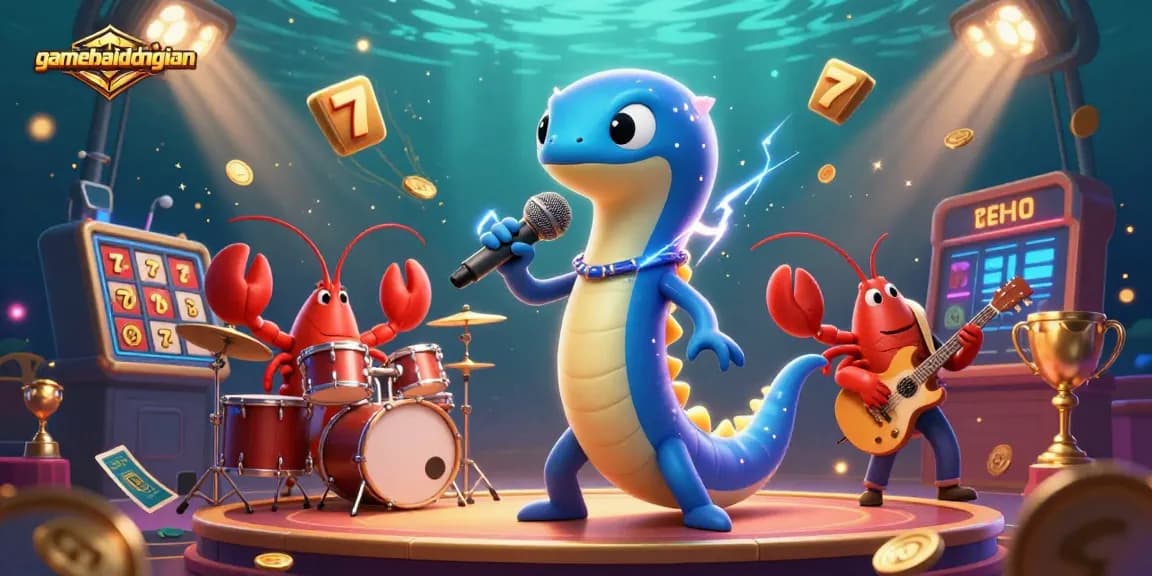 Experience the vibrant gamebaidangian scene with electric eel DJ, lobster drummer, and seahorse guitarist.