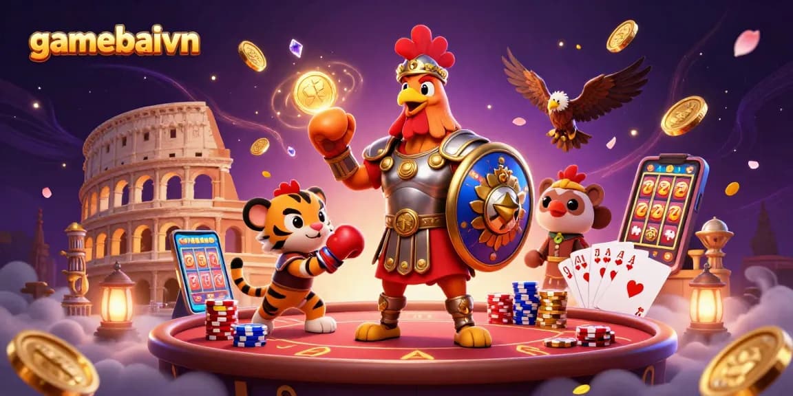 Experience thrilling poker action with gamebaivn, showcasing a vibrant 3D gladiator scene.