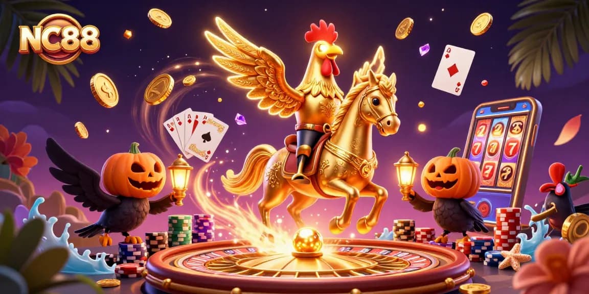 NC88's golden rooster and spectral horse create excitement in a vibrant casino scene.