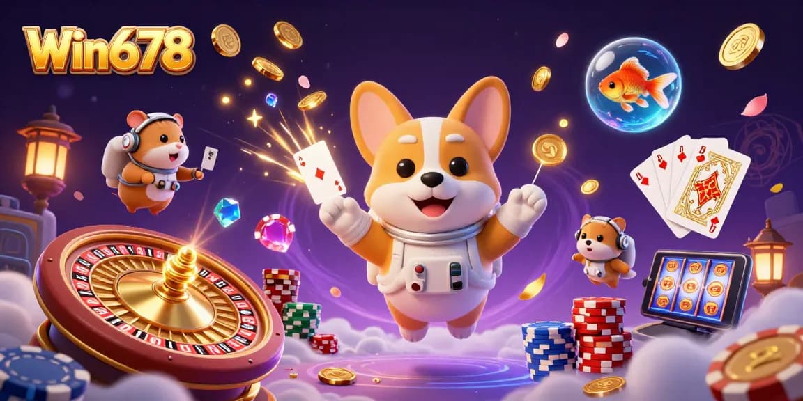 Win678 promotions come alive in a vibrant casino scene with astronaut corgi, coins, and colorful game elements.