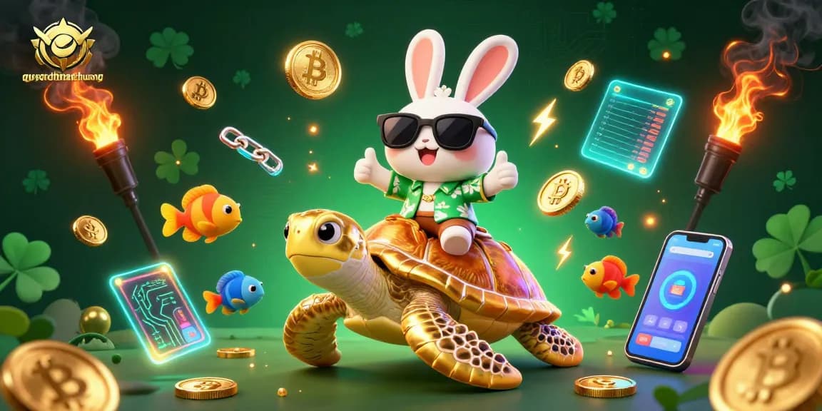 Experience the excitement of quyetchientienthuong with an adorable lucky rabbit and a golden turtle in a vibrant casino setting.
