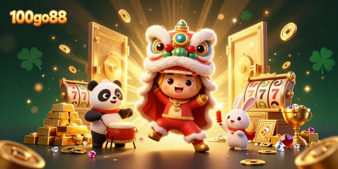 Engage with 100go88 in this vibrant 3D illustration showcasing the excitement of casino games with dynamic characters and elements.