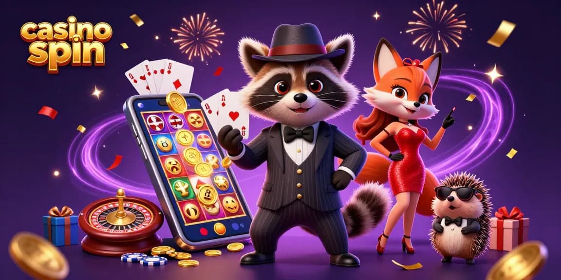 Engage in exciting casino spin action with a suave raccoon and elegant fox in a vibrant casino scene.