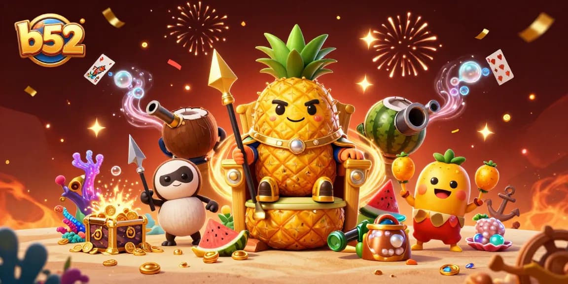 Experience thrilling games at B52, with vibrant characters surrounded by jackpots and excitement.