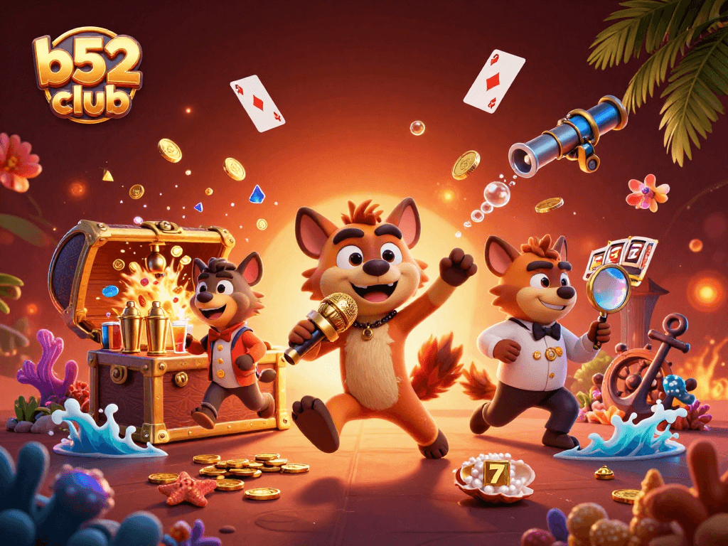 Experience the excitement of b52club with hyenas in a vibrant casino scene filled with gems and gold.