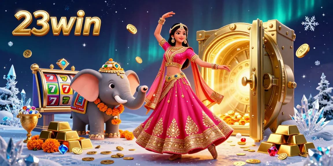 Experience the thrill of winning with 23win through vibrant slots and gold treasures in this casino illustration.
