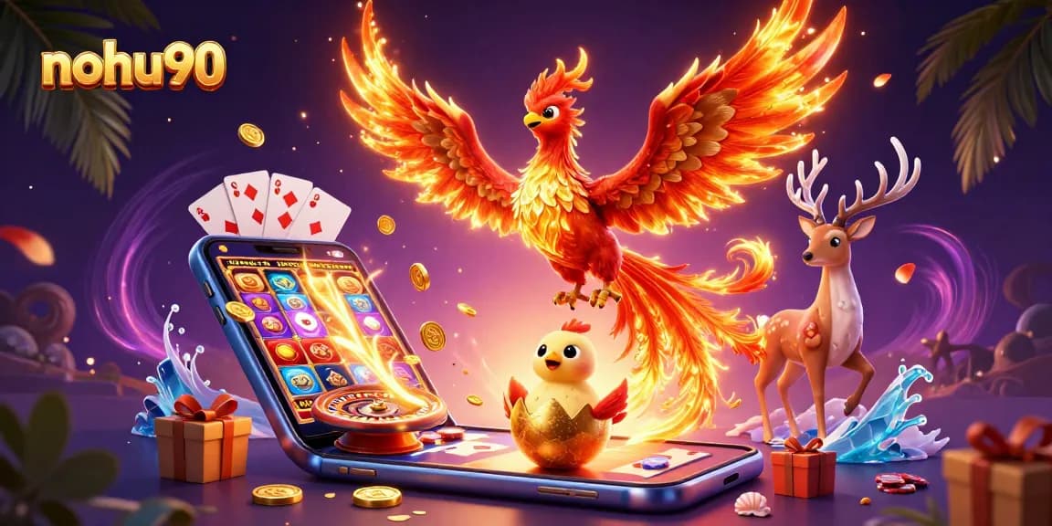 Nohu90 showcases an exciting 3D phoenix and gaming elements with vibrant casino themes.