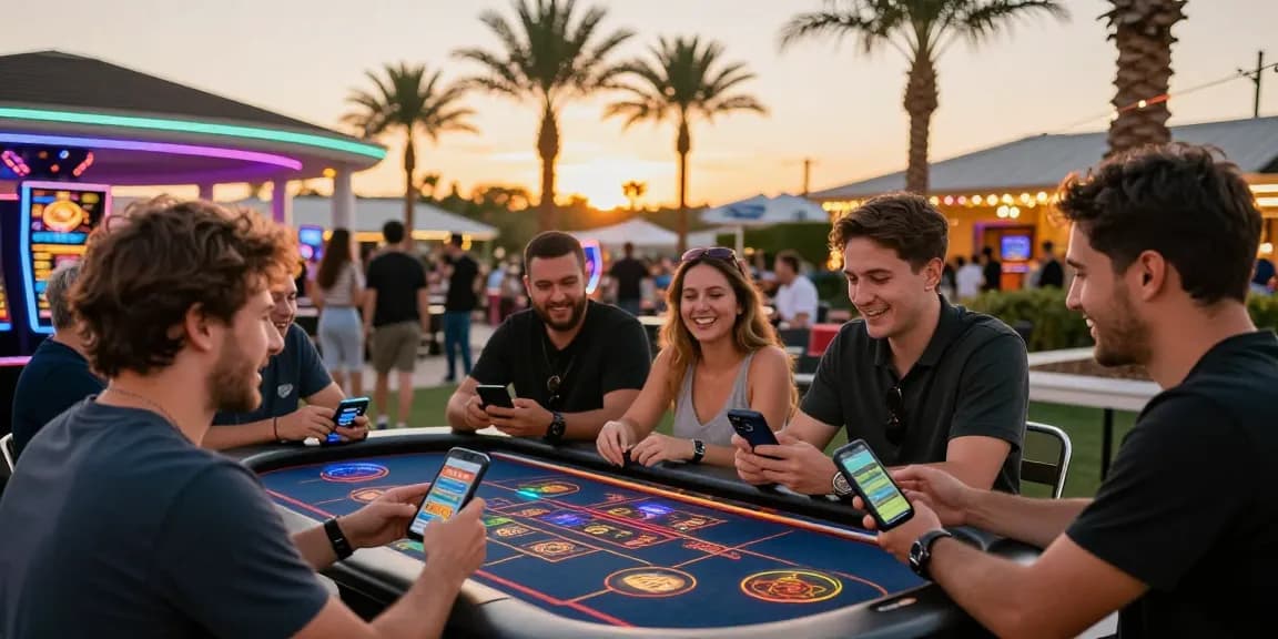 Exciting outdoor scene of people engaging with KO66 app at sunset, enjoying gaming and social interaction.