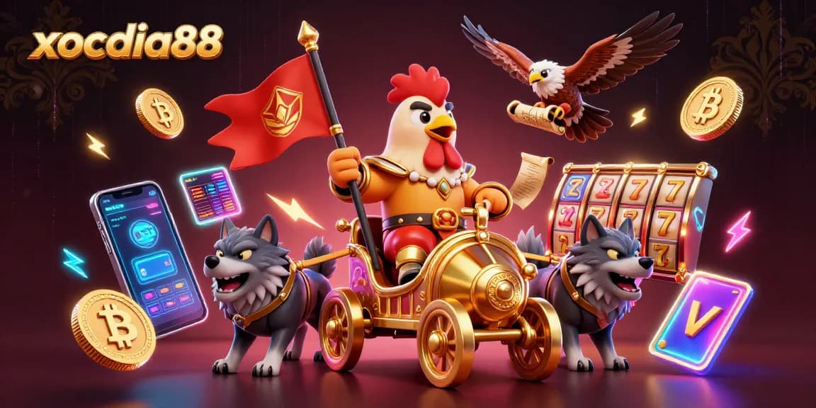 Xocdia88 presents a vibrant scene with a rooster warlord in a golden chariot amidst casino elements, reflecting dynamic betting excitement.
