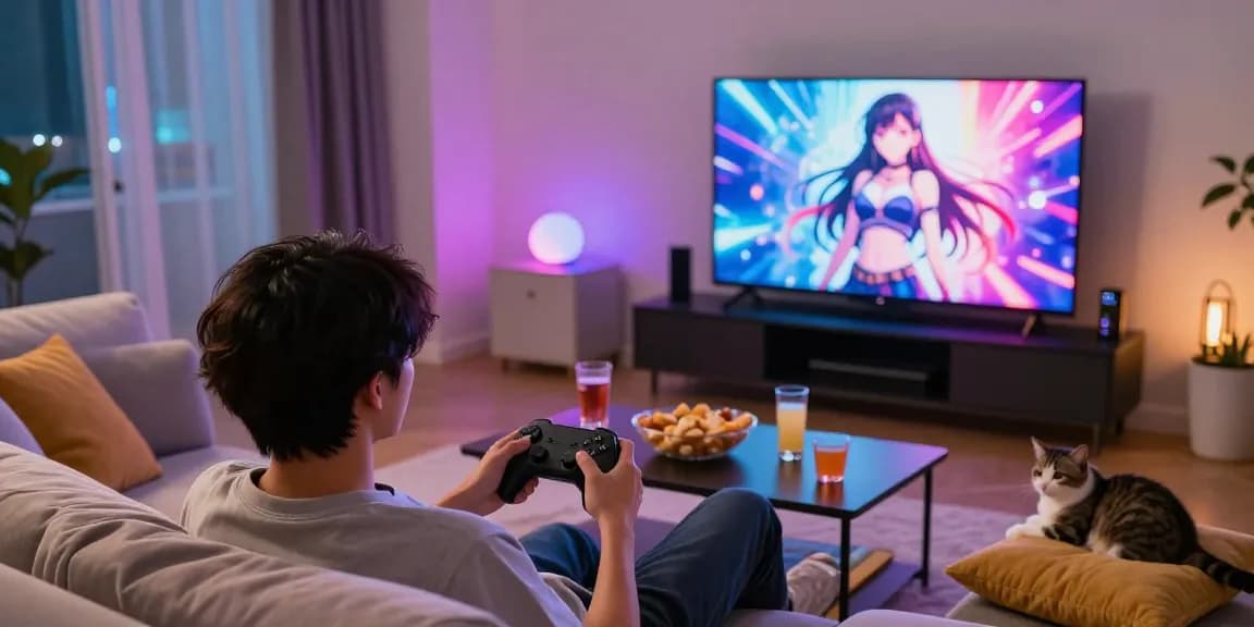 Engaging scene featuring a person playing a free hentai game in a cozy living room.