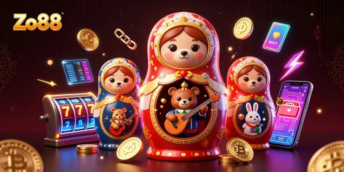 Experience Zo88 excitement with 3D bears and casino elements in a vibrant illustration.