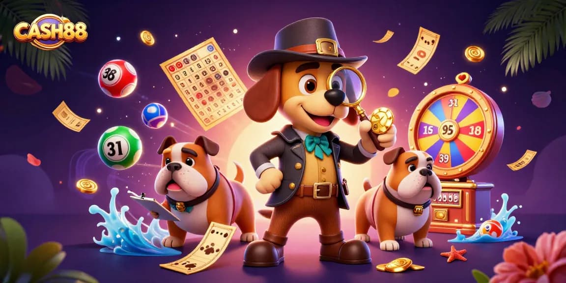 CASH88 game illustration showing a detective bloodhound analyzing a poker chip amid colorful gambling elements.