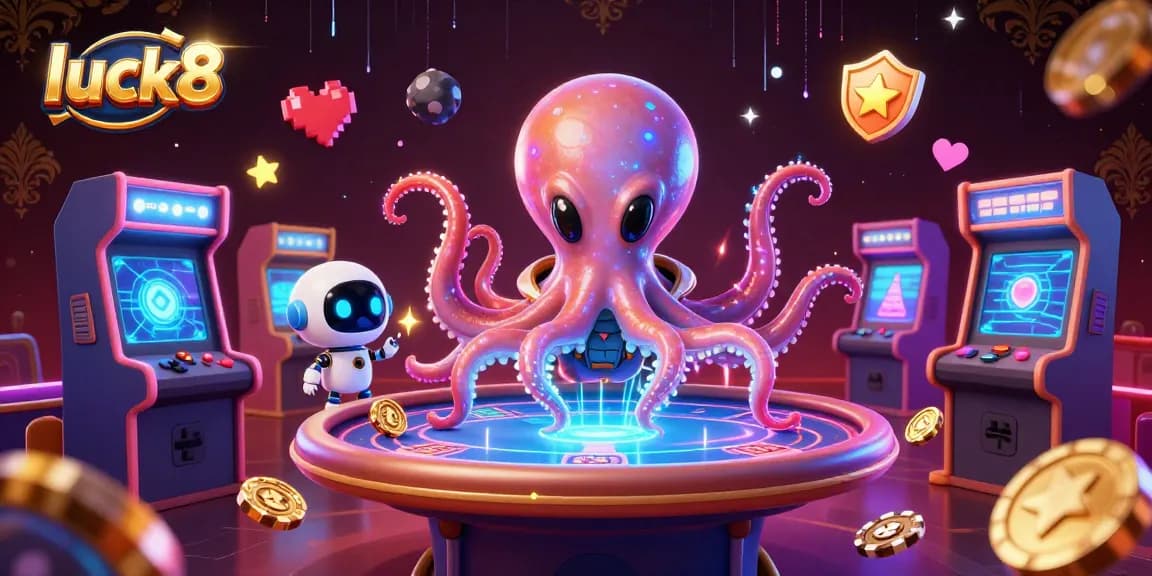 Experience luck8 with colorful gaming elements as a cartoon alien octopus plays poker in a vibrant cosmic casino.