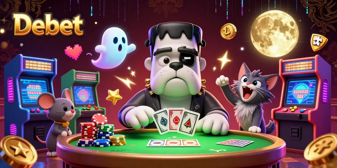 Debet showcases a spooky casino scene with unique characters and vibrant gaming elements.