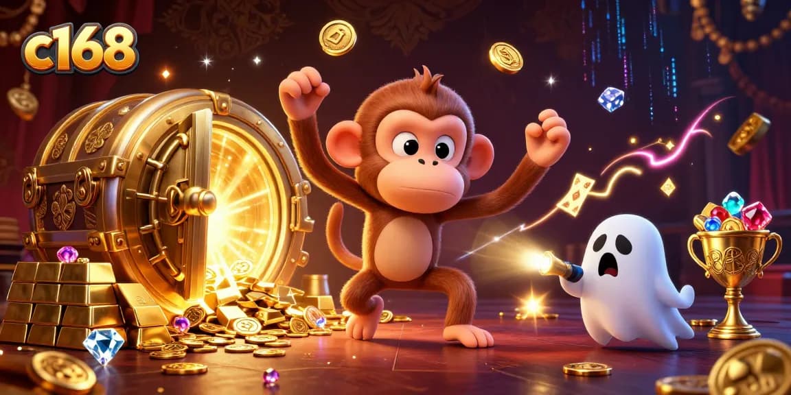 Experience thrilling wins at c168 with a playful poltergeist monkey juggling golden treasures in a haunted casino.