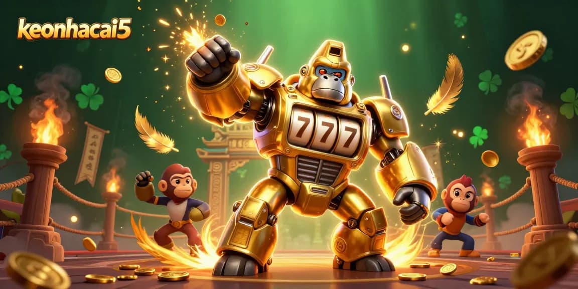 Engage with keonhacai5's dynamic betting experience featuring a mech gorilla amidst thrilling casino elements.