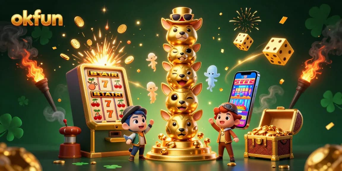 Experience the vibrant world of okfun with a 3D slot machine jackpot explosion and golden totem pole.