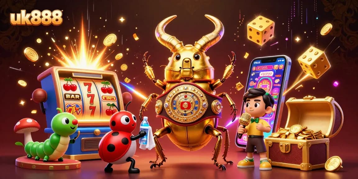 uk888 engages players in a vibrant casino scene with dynamic slot machines and festive elements.
