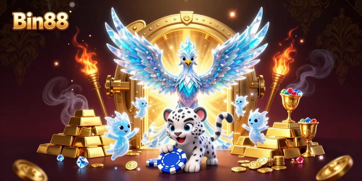 Win big with Bin88 at this vibrant casino-themed illustration featuring an ice phoenix and poker chip.