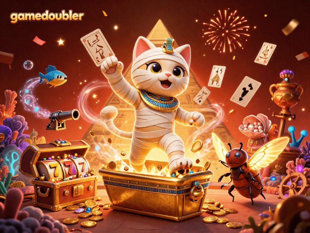 Engage with the thrilling world of gamedoubler, featuring exciting Egyptian-themed characters amid vibrant casino elements.
