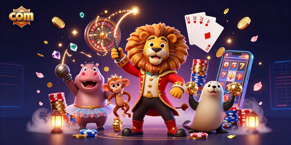 Experience thrilling casino fun with com's vibrant 3D circus-themed gaming scene full of engaging elements.