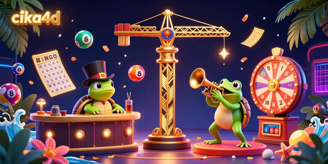 Experience excitement with cika4d amidst a lively casino scene featuring colorful lottery balls and vibrant prizes.