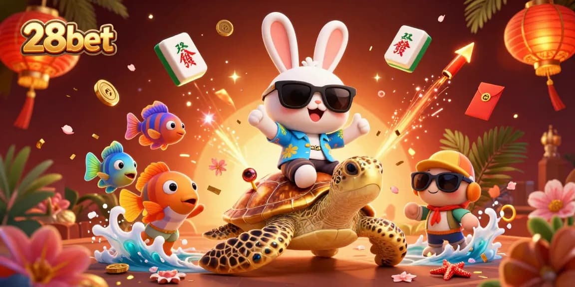 Engage with 28bet in a vibrant casino themed scene featuring a lucky rabbit and a golden sea turtle.
