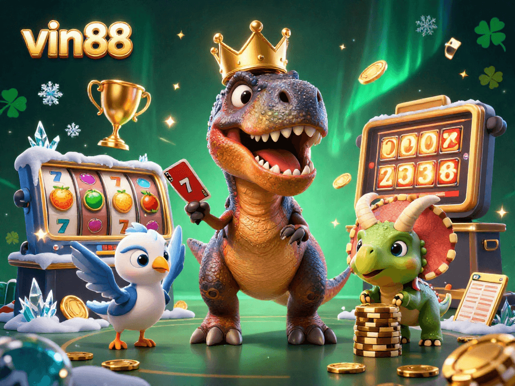 vin88 showcases a vibrant 3D illustration featuring a friendly dinosaur duo joyfully playing casino games with dynamic elements.