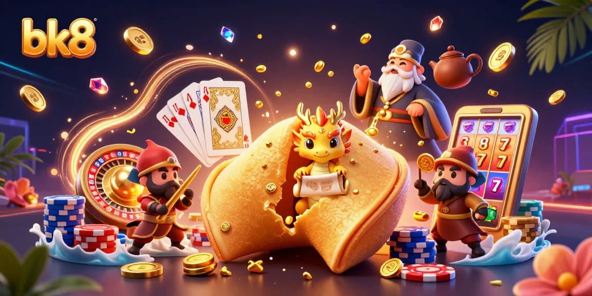 Experience the excitement of bk8 with a vibrant fortune cookie scene bursting with casino elements and treasures.