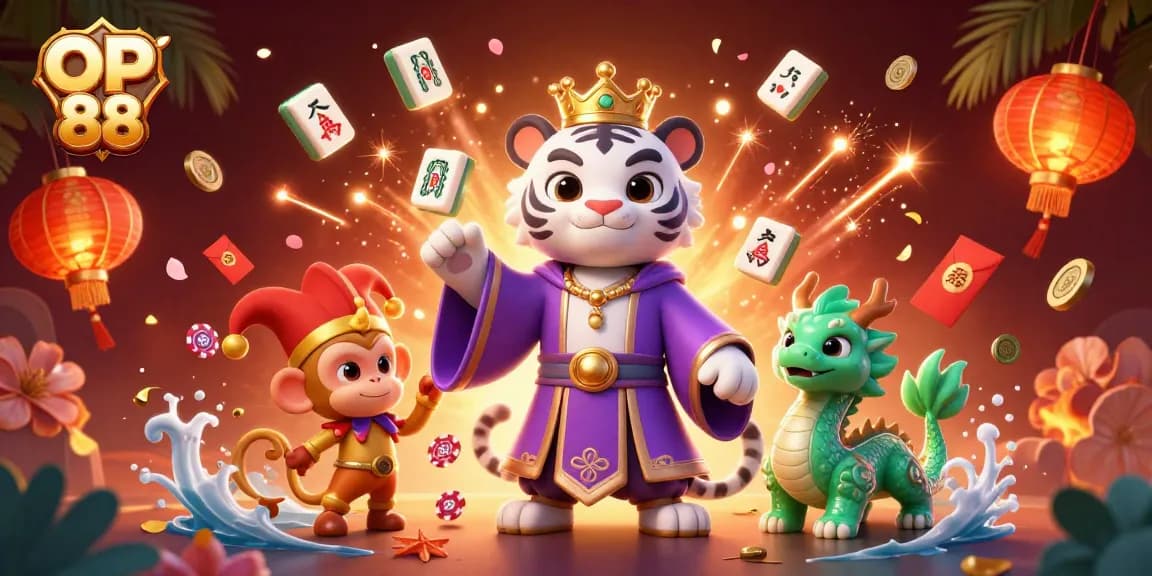 Engage in thrilling games at OP 88 with a regal white tiger, a golden monkey juggling, and a jade dragon, all amidst lively casino elements.