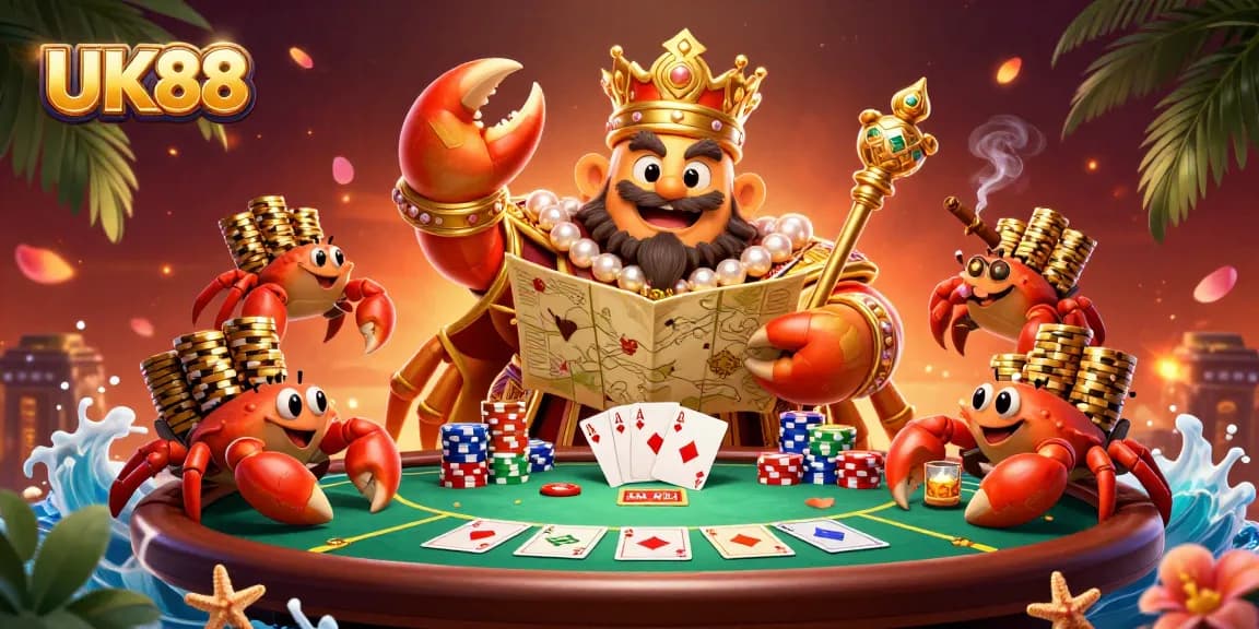 Engage in thrilling poker action with UK88's dynamic gaming scene featuring a golden crab emperor.