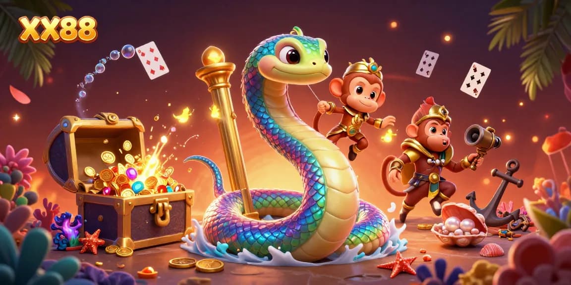Engage in thrilling gameplay with XX88 as the vibrant rainbow serpent coils around treasures and playful characters.