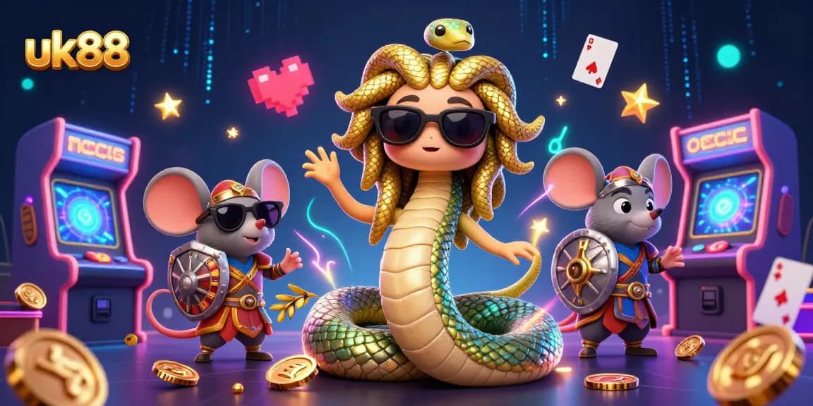 Engage in thrilling uk88 gameplay amidst vibrant casino elements and lively characters.
