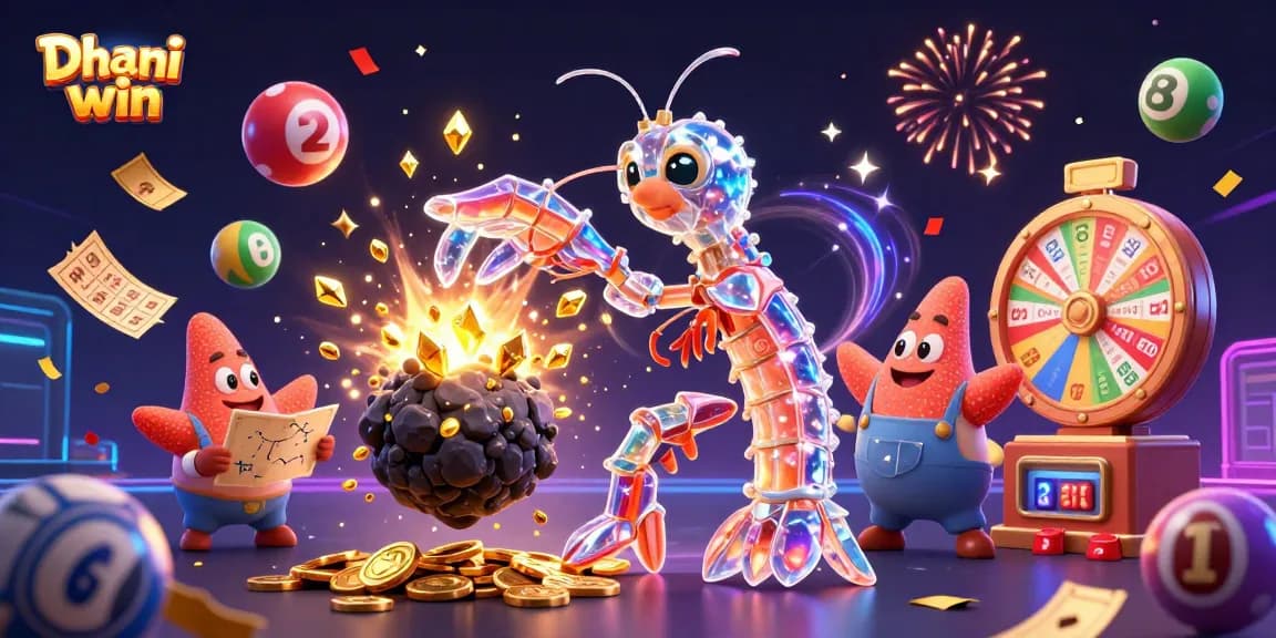 Dhani win offers thrilling gaming experiences, featuring festive confetti and vibrant lottery elements in a dynamic scene.