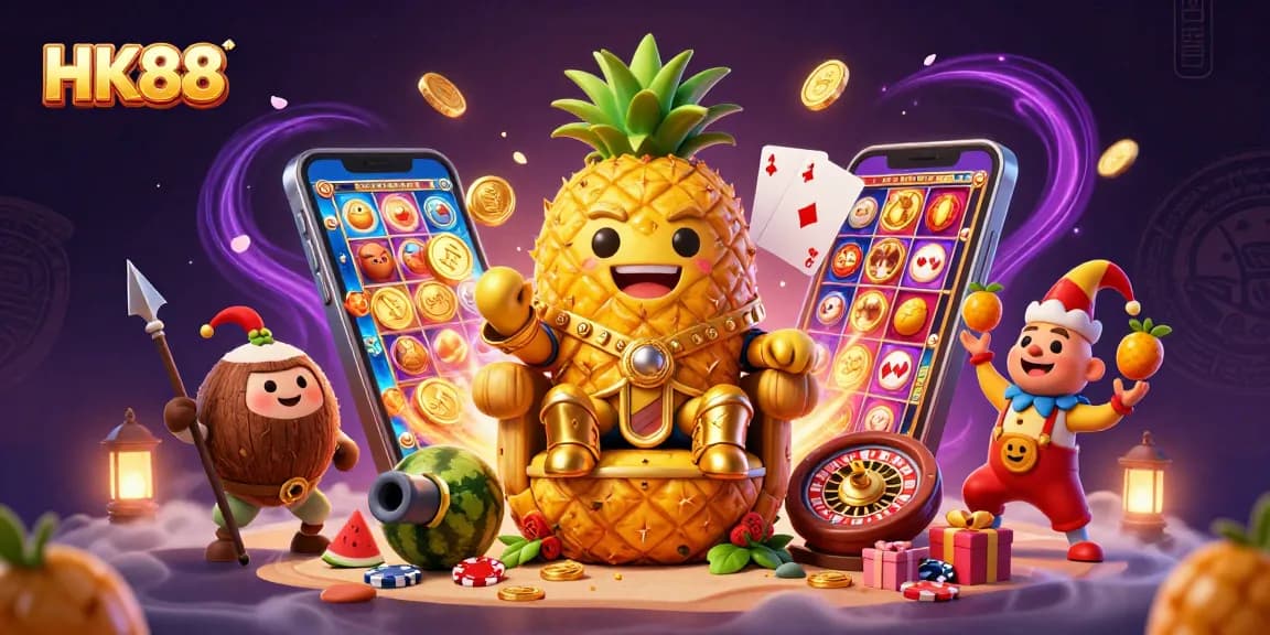 Spin and win at HK88 with a vibrant scene of a tropical casino adventure featuring colorful slot games and characters.