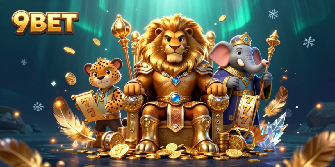 Experience thrilling gameplay with 9BET as the lion king takes center stage in a lively casino scene.