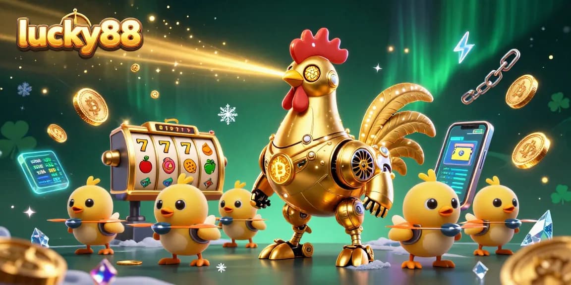 Experience the excitement of lucky88 with a vibrant 3D digital scene featuring a golden rooster robot and slot game elements.