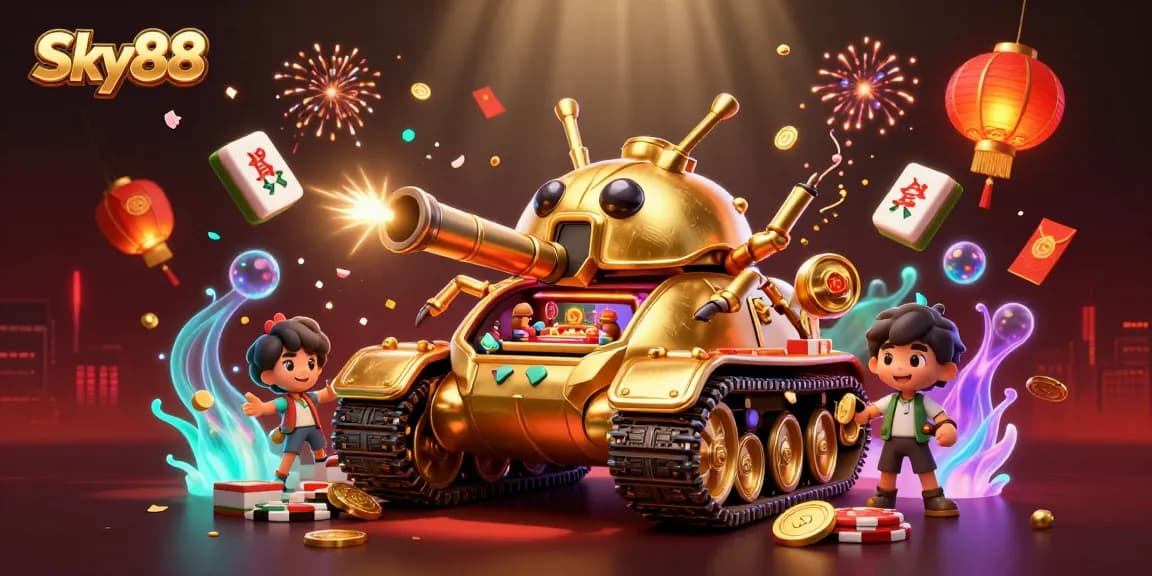 Engage with Sky88's vibrant casino adventure featuring dynamic gaming elements and a captivating golden tank illustration.
