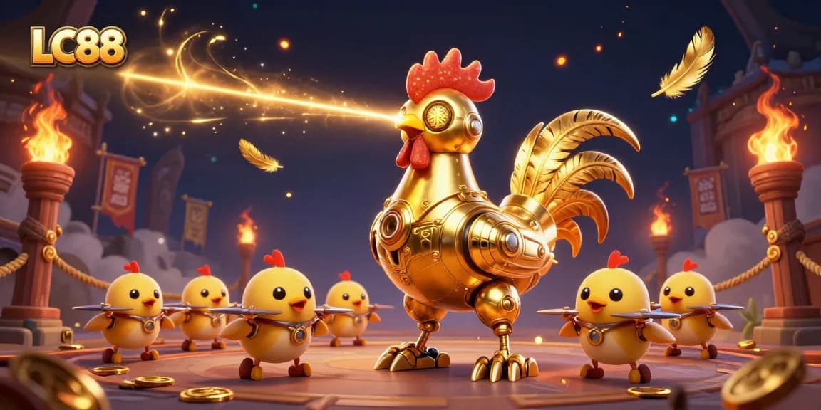 Experience gaming excitement with LC88, featuring a golden rooster robot and vibrant casino elements.