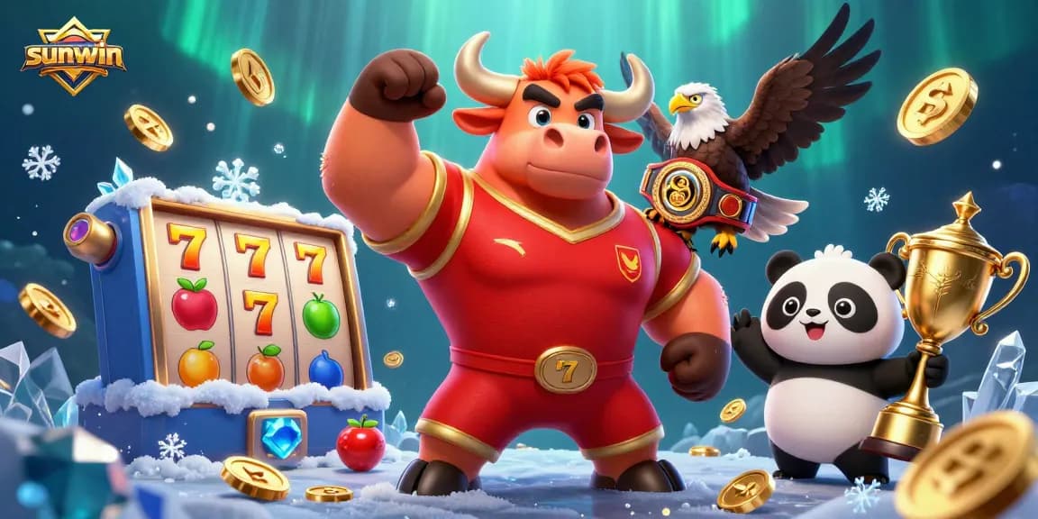 Win big at sunwin with a dynamic 3D casino scene featuring a muscular bull, eagle, and panda celebrating among thrilling game elements.