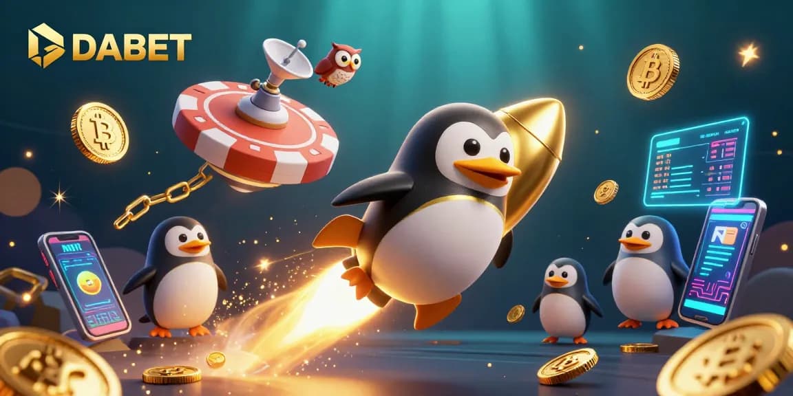 Experience DABET's thrilling casino adventure with a golden penguin and poker chip space station.