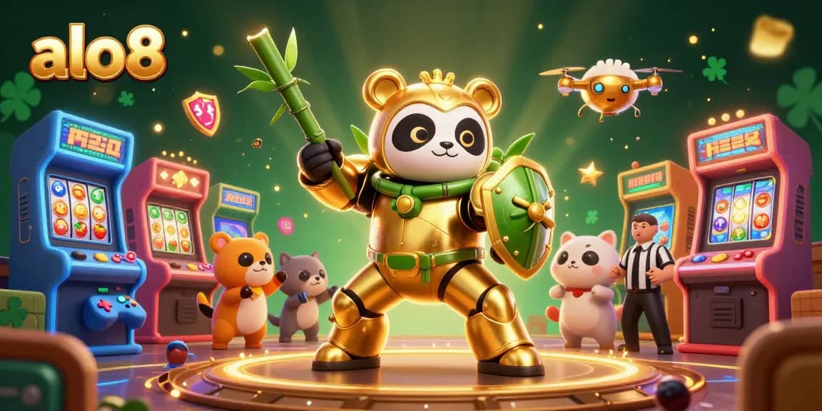 Experience thrilling gameplay at alo8 with a vibrant arena featuring a golden panda and dynamic casino elements.